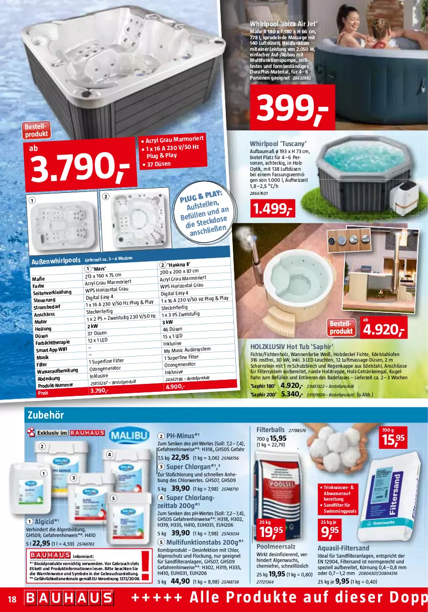 Aktueller Prospekt Bauhaus - Prospekte - von 04.06 bis 02.07.2022 - strona 18 - produkty: Abba, aqua, Bad, ball, Bau, bio, biozidprodukte, decke, Deckel, Desinfektion, edelstahl, eis, elle, getränk, getränke, Holz, kleid, Kleidung, Kugel, LED-Leuchte, Leuchte, leuchten, LG, mars, meersalz, Ofen, pool, Rauch, regal, reis, Ria, rwe, salz, sandfilteranlage, Spezi, Sprudel, Ti, Wanne, wasser, Whirlpool