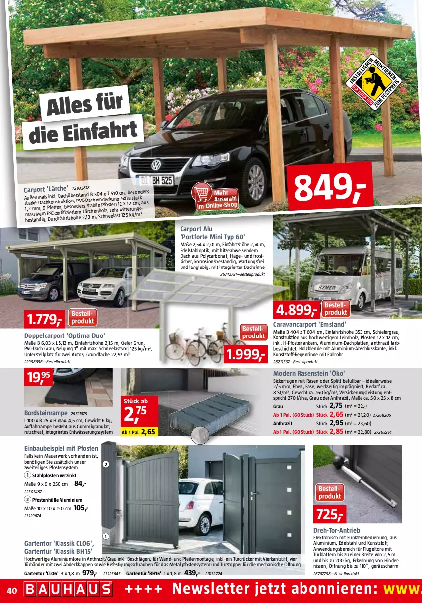 Aktueller Prospekt Bauhaus - Prospekte - von 04.06 bis 02.07.2022 - strona 40 - produkty: auer, auto, Bau, Bona, Brei, Carport, edelstahl, eis, Elektro, fernbedienung, Garten, Holz, HP, latte, Mode, rasen, rwe, schrauben, Ti, topper, türstopper