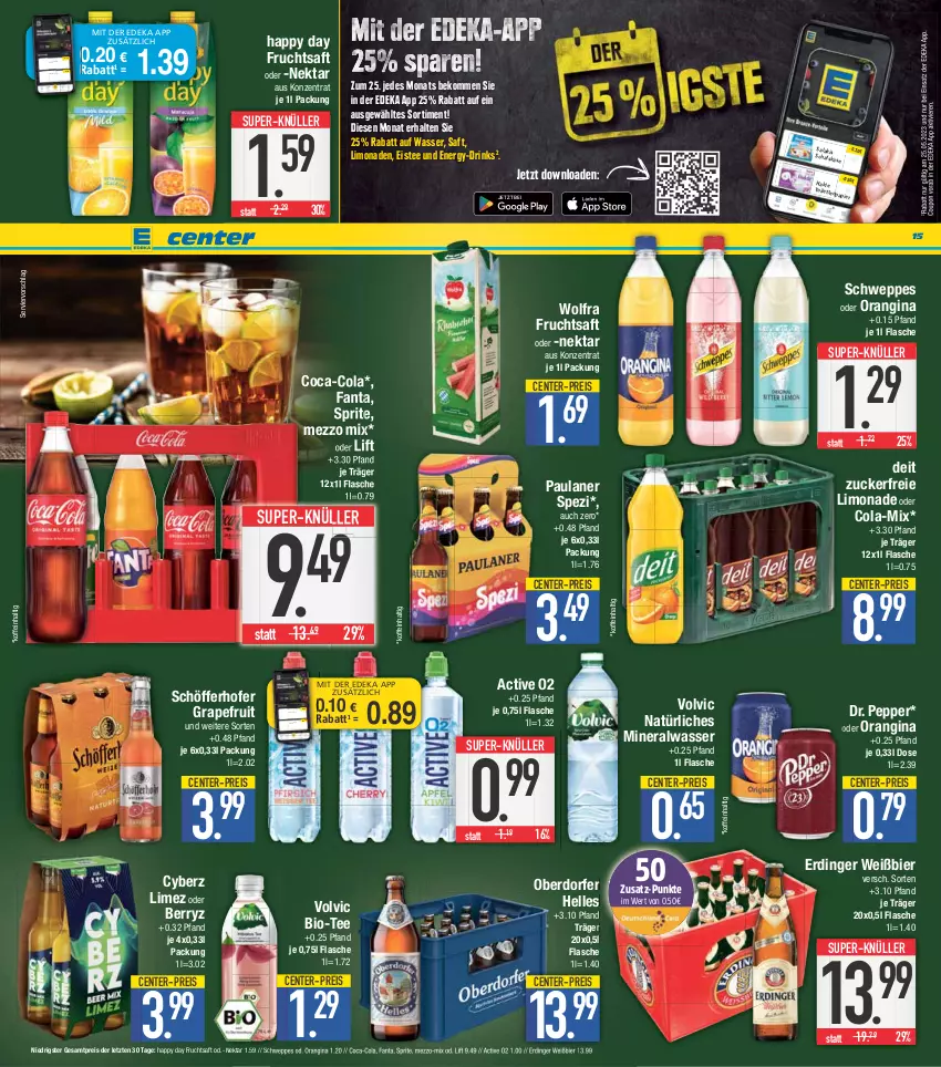 Aktueller Prospekt E Center - Angebote der Woche - von 22.05 bis 27.05.2023 - strona 15 - produkty: Alwa, beko, bier, bio, coca-cola, cola, coupon, deit, deka, drink, drinks, eis, eistee, elle, ente, erdinger, fanta, flasche, frucht, fruchtsaft, gin, grapefruit, hakle, Happy Day, limo, limonade, limonaden, Mezzo Mix, mineralwasser, natürliches mineralwasser, Nektar, nuss, orangina, Paula, paulaner, reis, saft, salakis, schöfferhofer, schweppes, Spezi, sprite, super-knüller, tee, Ti, volvic, volvic natürliches, wasser, ZTE, zucker