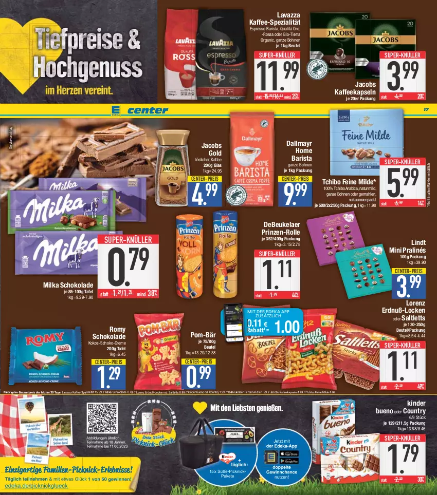 Aktueller Prospekt E Center - Angebote der Woche - von 22.05 bis 27.05.2023 - strona 17 - produkty: beutel, bio, bohne, bohnen, coupon, creme, dallmayr, debeukelaer, deka, eis, ente, espresso, jacobs, Jacobs Gold, kaffee, kaffeekapseln, Kinder, kinder bueno, kokos, lavazza, lindt, lorenz, löslicher kaffee, milka, milka schokolade, mini pralinés, natur, nuss, pom-bär, reis, saltletts, schoko, schokolade, Spezi, super-knüller, Tchibo, Ti, ZTE