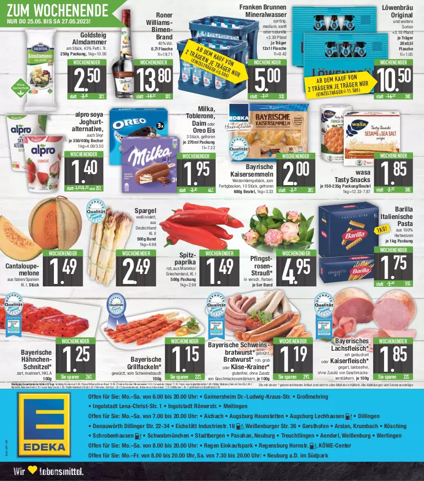 Aktueller Prospekt E Center - Angebote der Woche - von 22.05 bis 27.05.2023 - strona 20 - produkty: alpro, Alwa, barilla, Bau, Becher, beutel, Birnen, bratwurst, brunnen, burger, daim, eis, elle, ente, flasche, fleisch, franken brunnen, gewürz, gin, goldsteig, grill, grillfackeln, Hähnchenschnitzel, hartweizen, italienische pasta, joghur, joghurt, Kaiser, Kaisersemmel, Käse, krumbach, lachs, lebensmittel, mac, melone, milka, mineralwasser, natur, Ofen, oreo, paprika, paprika rot, pasta, Pfingstrosen, reis, rel, ring, rosen, Rosenstrauß, rum, schnitzel, schwein, schweine, Schweinebauch, Semmel, Skyr, snack, snacks, soya, spargel, Spitzpaprika, Ti, toblerone, uhr, wasa, wasser, wein, weine, wurst, ZTE