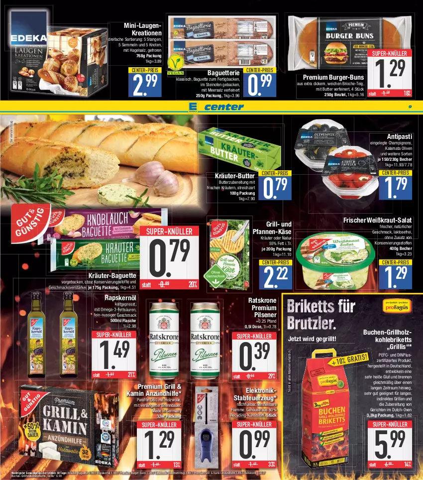 Aktueller Prospekt E Center - Angebote der Woche - von 22.05 bis 27.05.2023 - strona 9 - produkty: antipasti, asti, auer, baguette, Becher, beutel, briketts, buch, burger, butter, champignon, champignons, Clin, eis, Elektro, ente, Feuerzeug, flasche, geback, Germ, grill, grillholzkohle, Holz, holzkohle, Kamin, Käse, Kraut, kräuter, kräuter-butter, kräutern, krone, lamm, mac, meersalz, natur, nuss, Ofen, olive, oliven, omega, Omega-3, pfanne, pfannen, pils, pilsener, premium pils, reis, salat, salz, Semmel, steinofen, Streichzart, super-knüller, Ti, und pfanne, WICK, wolle, ZTE