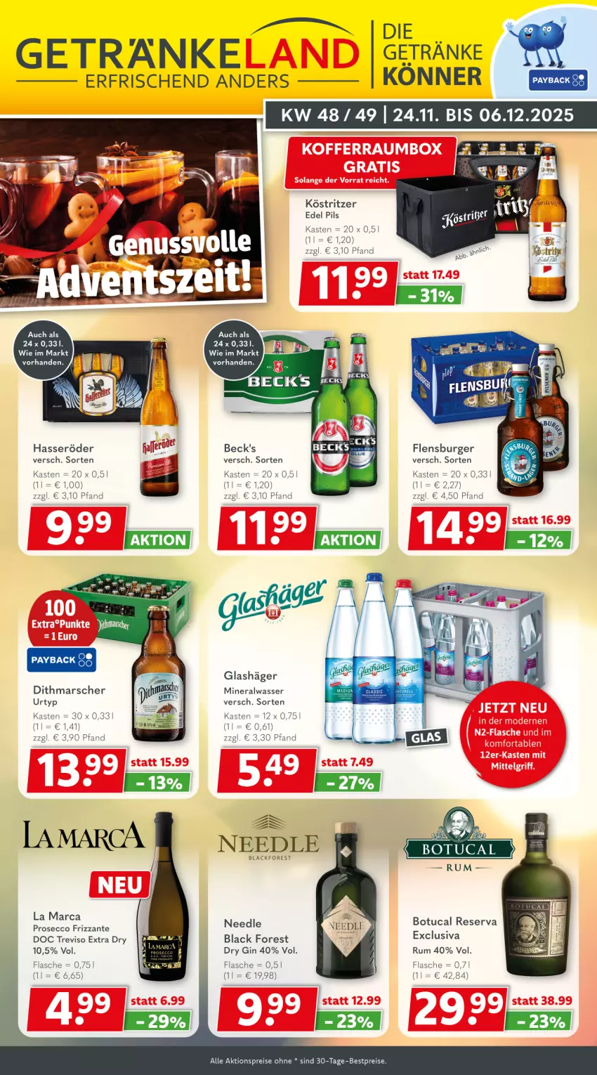 Aktueller Prospekt Getraenkeland - von 23.11 bis 05.12.2025 - strona 1 - produkty: aktionspreis, Alwa, beck's, bestpreis, bestpreise, black forest, burger, dry gin, ecco, eis, flasche, flensburger, frizzante, getränk, getränke, gin, hasseröder, köstritzer, lack, mars, mineralwasser, pils, prosecco, reis, rum, Ti, tuc, urtyp, wasser