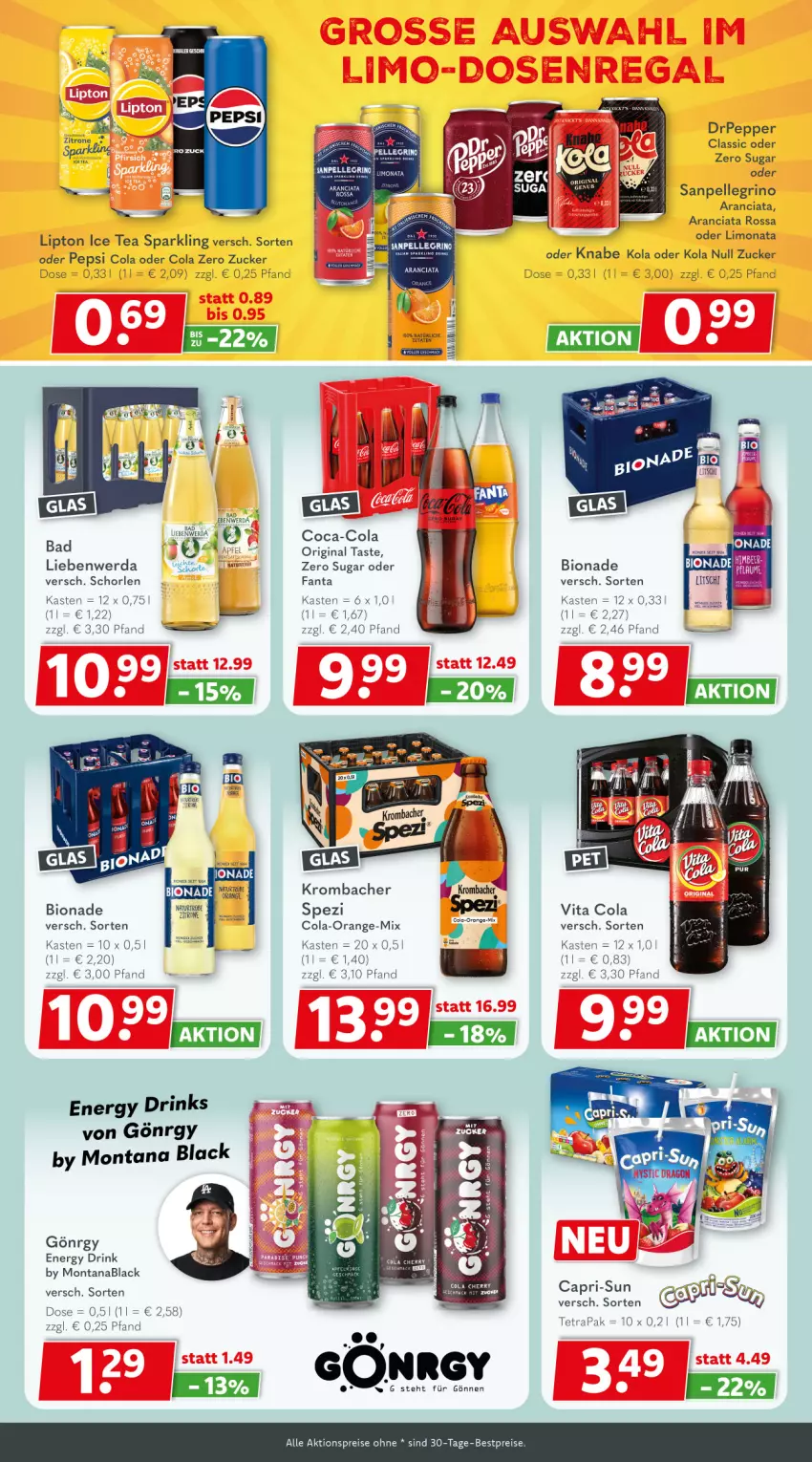 Aktueller Prospekt Getraenkeland - von 23.11 bis 05.12.2025 - strona 7 - produkty: aktionspreis, Bad, bestpreis, bestpreise, bio, bionade, Cap, capri-sun, coca-cola, cola, drink, drinks, eis, energy drink, fanta, gin, ice tea, krombache, krombacher, lack, limo, lipton, lipton ice tea, mac, montana, natur, orange, pepsi, Pepsi Cola, reis, schorle, Spezi, Ti, vita, Vita C, zitrone, zucker