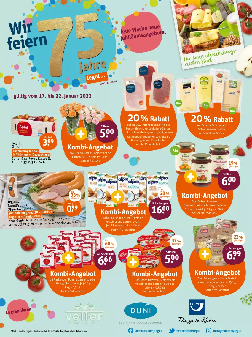 Aktueller Prospekt Tegut - Angebote der Woche - von 17.01 bis 22.01.2022 - strona 1 - produkty: alpro, angebot, angebote, aufstrich, Bau, beef, bio, dekoration, drink, eis, ente, filet, filets, fleisch, fleischwurst, frucht, fruchtaufstrich, gewürz, Gläser, hawesta, hering, Herings, heringsfilets, hilcona, Käse, kochschinken, korb, lachs, lachsschinken, landprimus, mac, natur, natura, papier, pasta, pomito, ring, rosen, schinken, Ti, tomate, tomaten, wurst