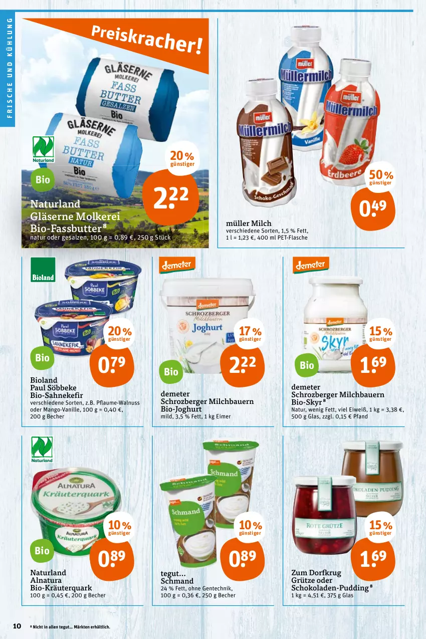 Aktueller Prospekt Tegut - Angebote der Woche - von 17.01 bis 22.01.2022 - strona 12 - produkty: auer, Bau, Bauer, Becher, Berger, bio, bio-joghurt, bioland, butter, eimer, ente, flasche, Gläser, grütze, joghur, joghurt, joghurt mild, Kefir, kräuter, mango, milch, Müller, natur, natura, naturland, nuss, pet-flasche, pflaume, pudding, quark, sahne, salz, schmand, schoko, schokolade, schokoladen, Skyr, söbbeke, Ti, vanille, walnuss, Zum Dorfkrug