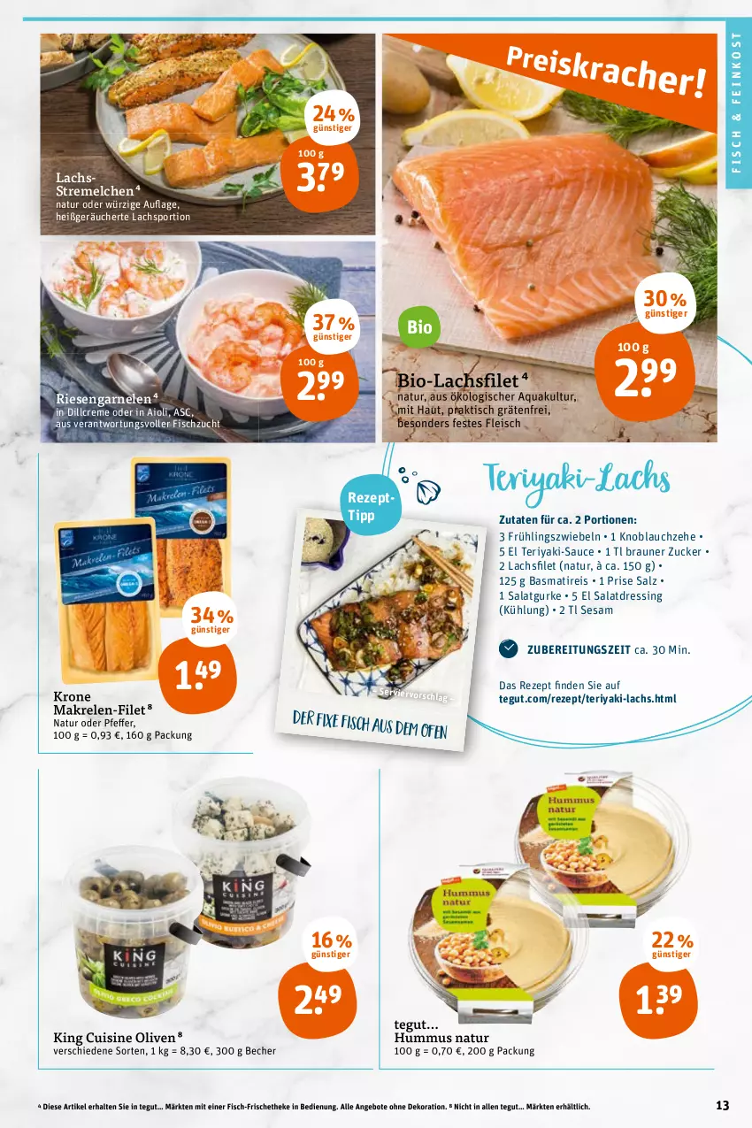 Aktueller Prospekt Tegut - Angebote der Woche - von 17.01 bis 22.01.2022 - strona 15 - produkty: aioli, angebot, angebote, aqua, basmati, Becher, bio, braun, creme, dekoration, dressing, eis, feinkost, filet, fisch, fleisch, garnelen, gurke, hummus, knoblauch, krone, lachs, lachsfilet, Makrele, natur, Ofen, olive, oliven, reis, rel, rezept, riesengarnelen, salat, salatdressing, Salatgurke, salz, sauce, sesam, Sport, Ti, tisch, zucker, zwiebel, zwiebeln