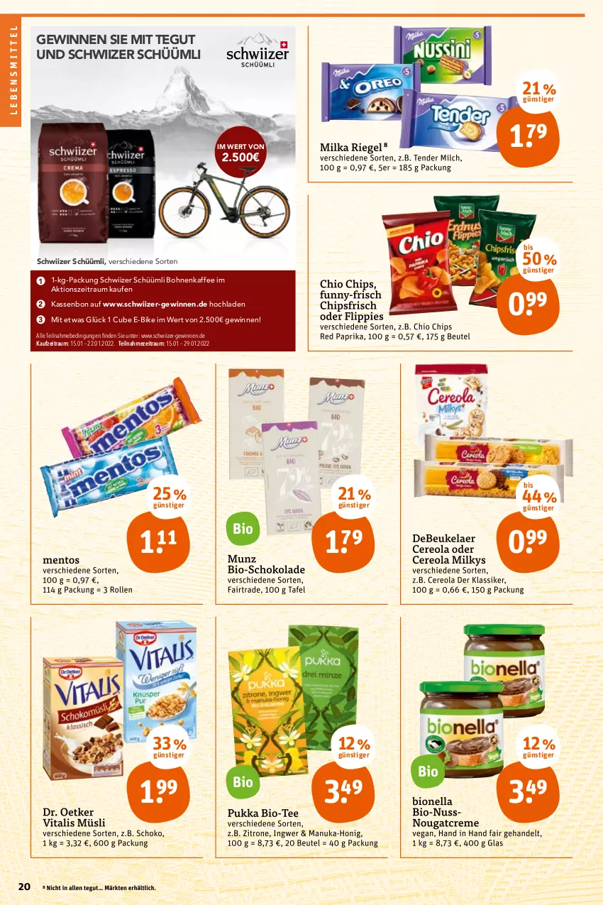 Aktueller Prospekt Tegut - Angebote der Woche - von 17.01 bis 22.01.2022 - strona 22 - produkty: beutel, bio, bohne, bohnen, bohnenkaffee, chio chips, chips, chipsfrisch, creme, debeukelaer, Dr. Oetker, E-Bike, flippies, funny-frisch, honig, ingwer, kaffee, lebensmittel, mentos, milch, milka, müsli, Nougatcreme, nuk, nuss, paprika, riegel, schoko, schokolade, tee, tender, Ti, vita, vitalis, vitalis müsli, zitrone