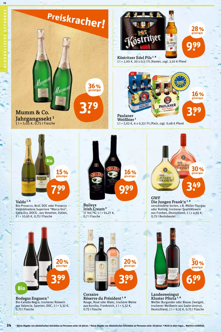 Aktueller Prospekt Tegut - Angebote der Woche - von 17.01 bis 22.01.2022 - strona 26 - produkty: alkohol, alkoholische getränke, auer, baileys, beutel, bier, bio, blauer zweigelt, brut, burgunder, Corsaire, ecco, flasche, getränk, getränke, irish cream, jahrgangssekt, köstritzer, Müller, Müller-Thurgau, mumm, Paula, paulaner, pils, prosecco, qualitätswein, rotwein, rouge, sekt, Ti, valdo, wein, weine, Weißwein, Zweigelt