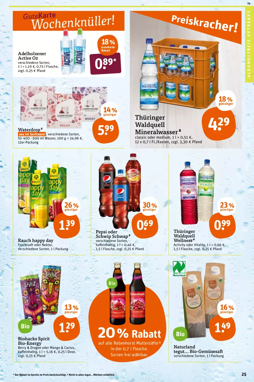 Aktueller Prospekt Tegut - Angebote der Woche - von 17.01 bis 22.01.2022 - strona 27 - produkty: adelholzener, alkohol, alkoholfreie getränke, Alwa, bio, Bio-Gemüse, eis, flasche, frucht, fruchtsaft, getränk, getränke, Happy Day, Holz, mango, mineralwasser, natur, naturland, Nektar, pepsi, Rauch, reis, ring, saft, säfte, Schwip Schwap, Ti, vita, vitality, wasser