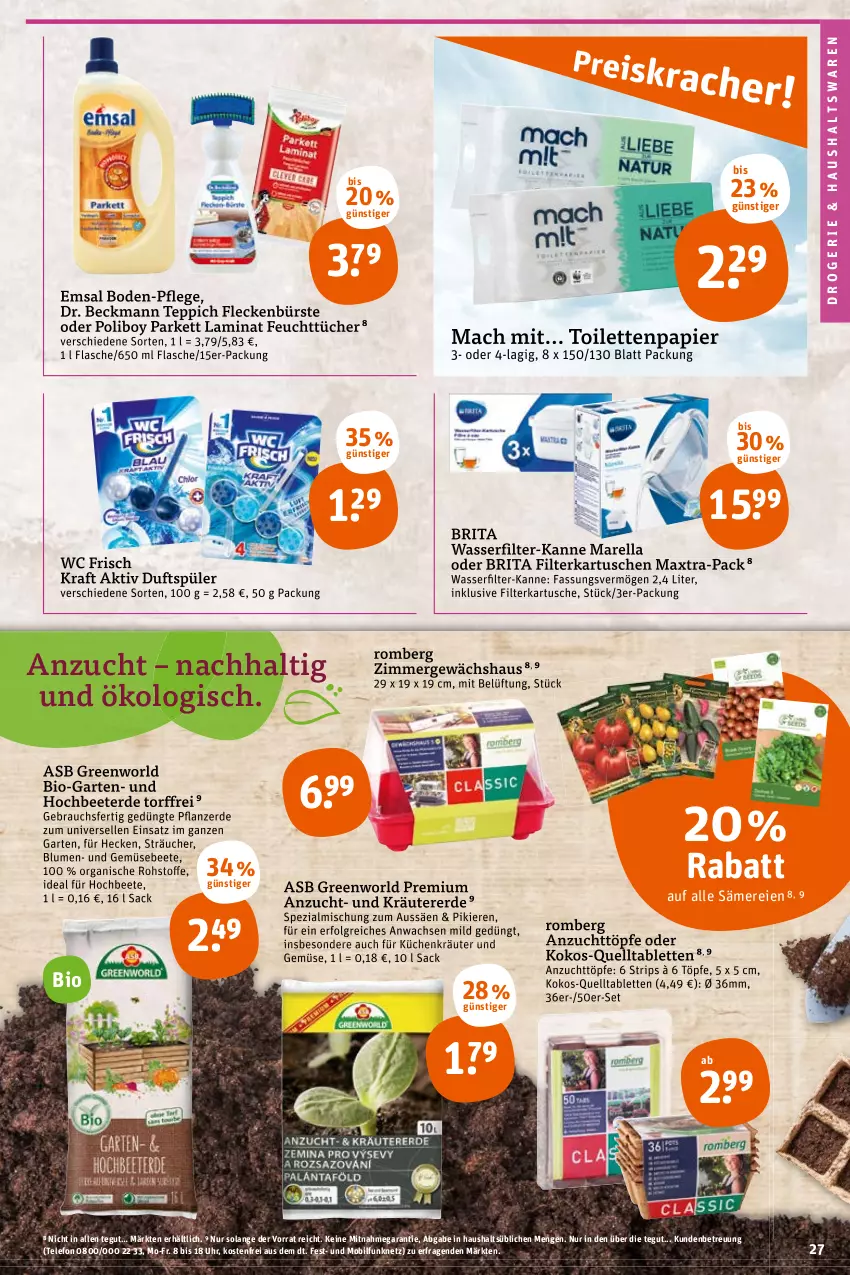 Aktueller Prospekt Tegut - Angebote der Woche - von 17.01 bis 22.01.2022 - strona 29 - produkty: bio, blume, blumen, brita, bürste, Dr. Beckmann, elle, emsa, erde, feuchttücher, filterkartuschen, flasche, Garten, Gewächshaus, kokos, kraft, kräuter, küche, Küchen, laminat, LG, mac, Maxtra, papier, pflanze, pflanzerde, Rauch, rel, sac, Spezi, tablet, tablett, Tablette, telefon, teppich, Ti, toilettenpapier, tücher, uhr, und gemüse, wasser, wasserfilter, wc frisch, WC Frisch Kraft Aktiv