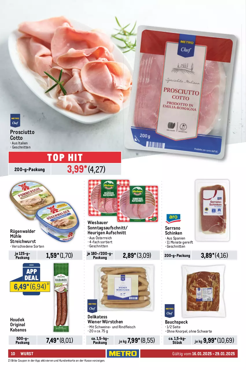 Aktueller Prospekt Metro - Food-Nonfood - von 16.01 bis 29.01.2025 - strona 10 - produkty: arla, arla buko, auer, aufschnitt, babybel, Bau, Bauer, Becher, Buko, coupon, eis, fleisch, fol epi, gin, gorgonzola, grana, grana padano, Heu, houdek, kabanos, Käse, käsescheiben, Kugel, leerdammer, mac, milch, milka, milkana, mini babybel, mozzarella, nuss, padano, prosciutto, prosciutto cotto, Rana, rel, rind, rindfleisch, rügenwalder, rügenwalder mühle, Schal, Schale, schinken, schnitten, schnittkäse, schnittkäsescheiben, schwein, schweine, serrano, serrano schinken, Speck, Ti, tisch, wein, weine, wiener, wiener würstchen, wiesbauer, wurst, würstchen