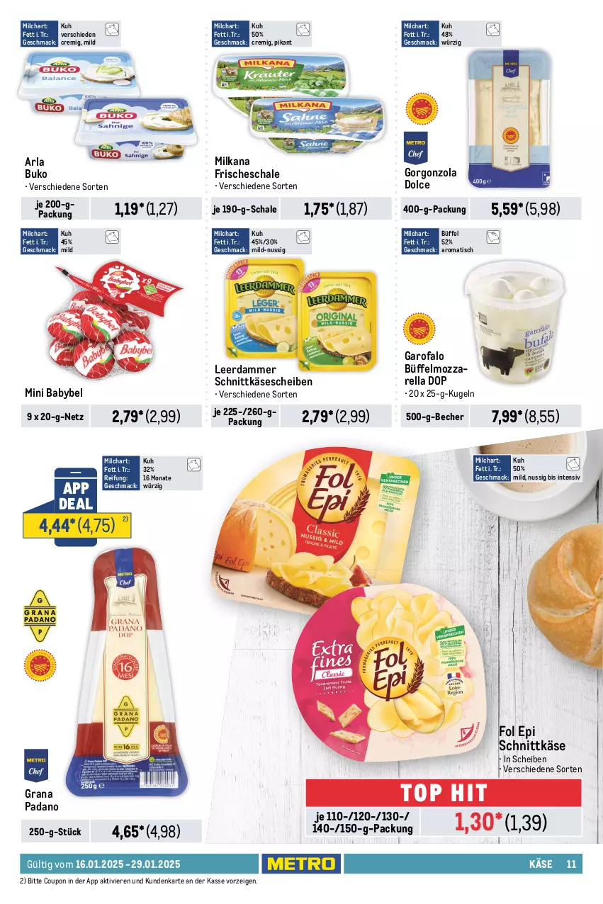 Aktueller Prospekt Metro - Food-Nonfood - von 16.01 bis 29.01.2025 - strona 11 - produkty: arla, arla buko, auer, aufschnitt, babybel, Bau, Bauer, Becher, Buko, coupon, eis, fleisch, fol epi, gin, gorgonzola, grana, grana padano, Heu, houdek, kabanos, Käse, käsescheiben, Kugel, leerdammer, mac, milch, milka, milkana, mini babybel, mozzarella, nuss, padano, prosciutto, prosciutto cotto, Rana, rel, rind, rindfleisch, rügenwalder, rügenwalder mühle, Schal, Schale, schinken, schnitten, schnittkäse, schnittkäsescheiben, schwein, schweine, serrano, serrano schinken, Speck, Ti, tisch, wein, weine, wiener, wiener würstchen, wiesbauer, wurst, würstchen