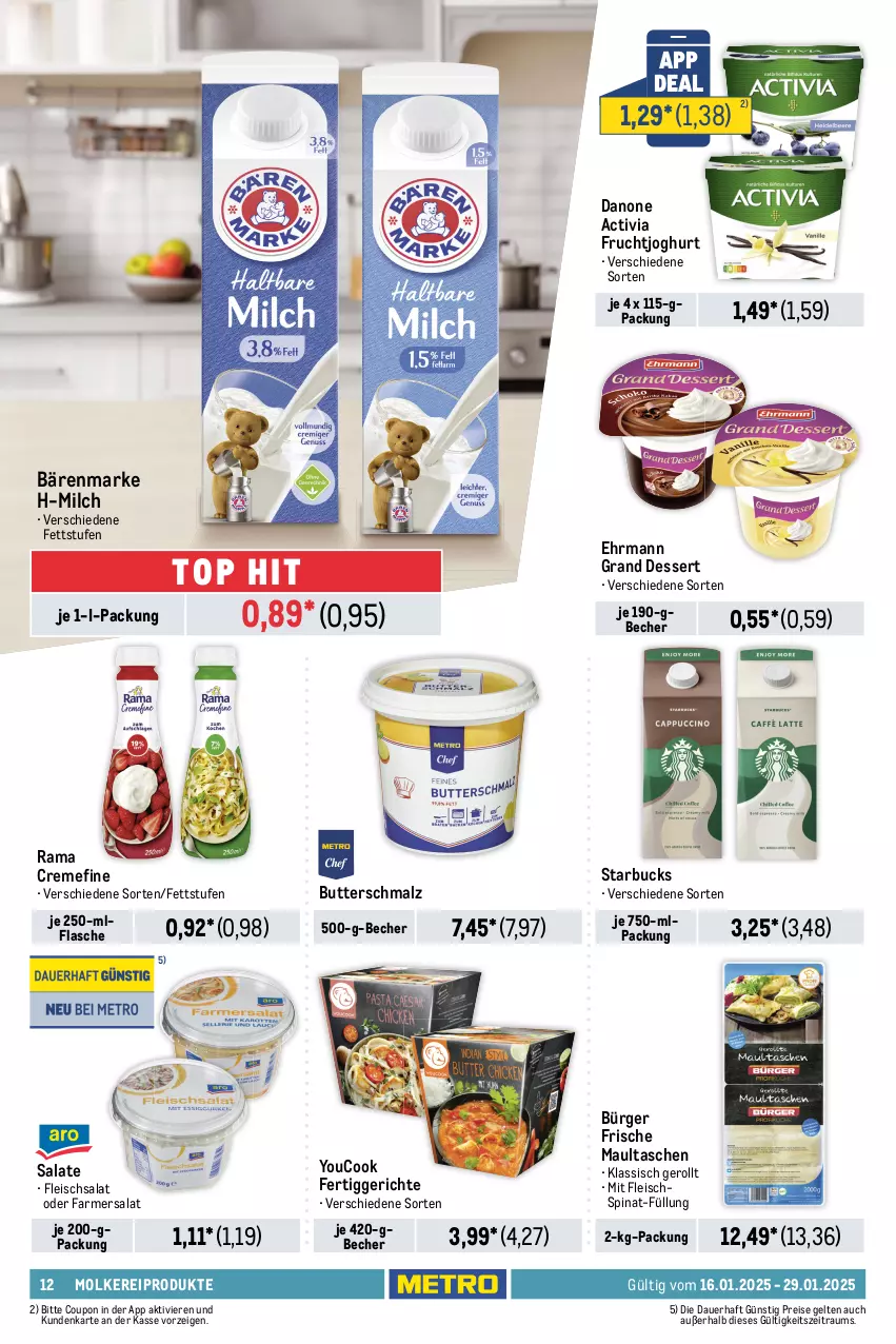 Aktueller Prospekt Metro - Food-Nonfood - von 16.01 bis 29.01.2025 - strona 12 - produkty: activia, auer, bärenmarke, barilla, Becher, beutel, bonduelle, butter, Butterschmalz, cerealien, chili, coupon, creme, danone, danone activia, De Cecco, dessert, ecco, ehrmann, Ehrmann Grand Dessert, eis, elle, fertiggericht, fertiggerichte, flasche, fleisch, fleischsalat, frucht, fruchtjoghurt, Gemüsekonserve, italienische pasta, joghur, joghurt, Kellogg‘s, kikkoman, konfitüre, Konserven, malz, maultaschen, meica, milch, molkereiprodukte, oro di parma, pasta, pesto, rama, rama cremefine, reis, salat, salate, sauce, Schmalz, Schwartau, soja, sojasauce, spinat, starbucks, Tasche, taschen, Ti, tomate, tomaten, würstchen, Yo, YouCook