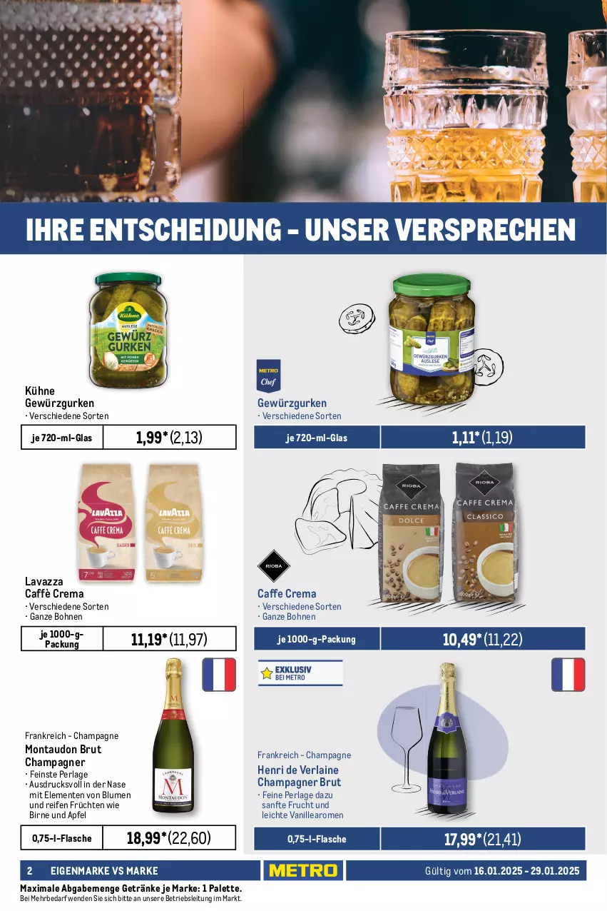 Aktueller Prospekt Metro - Food-Nonfood - von 16.01 bis 29.01.2025 - strona 2 - produkty: apfel, bier, blume, blumen, bohne, bohnen, brut, caffe, caffè crema, champagne, champagner, eis, ente, flasche, frucht, früchte, früchten, getränk, getränke, gewürz, Gewürzgurke, gewürzgurken, gurke, gurken, Henri de Verlaine, irish whiskey, jameson, Kühne, lavazza, martini, Palette, perla, pils, reifen, reis, Ti, top-preis, vanille, Vermouth, whiskey, whisky