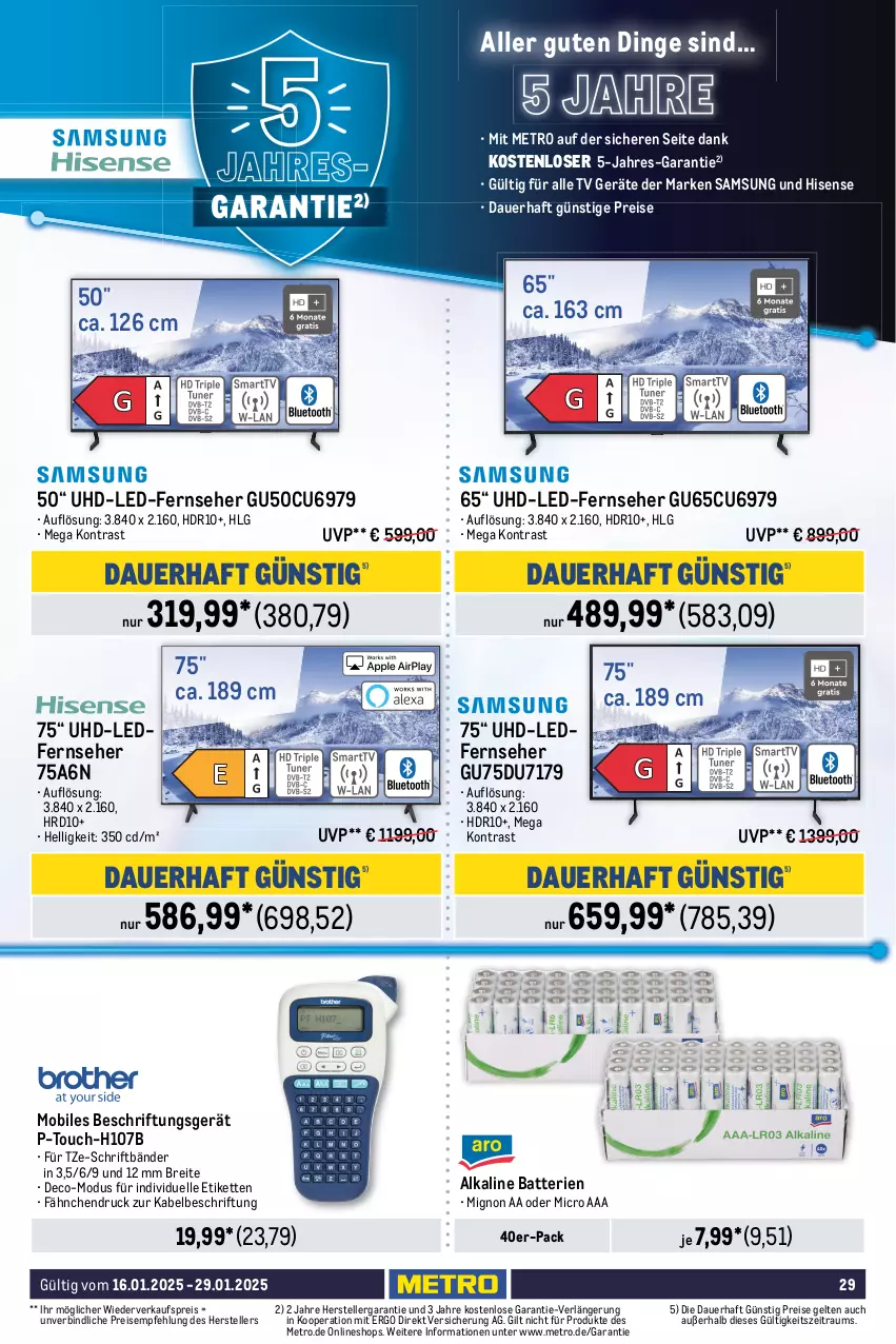 Aktueller Prospekt Metro - Food-Nonfood - von 16.01 bis 29.01.2025 - strona 29 - produkty: auer, auto, batterie, batterien, beispielabbildung, Brei, brot, brother, drucker, eis, elle, erde, fernseher, hisense, Kette, leuchtmittel, LG, Metro, papier, reis, Samsung, sim, teller, Ti, tisch, touchscreen, uhd