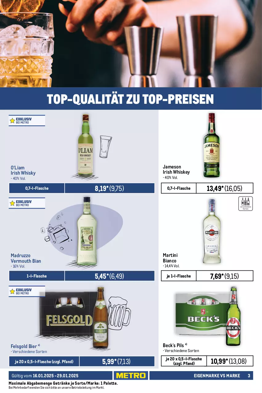 Aktueller Prospekt Metro - Food-Nonfood - von 16.01 bis 29.01.2025 - strona 3 - produkty: apfel, bier, blume, blumen, bohne, bohnen, brut, caffe, caffè crema, champagne, champagner, eis, ente, flasche, frucht, früchte, früchten, getränk, getränke, gewürz, Gewürzgurke, gewürzgurken, gurke, gurken, Henri de Verlaine, irish whiskey, jameson, Kühne, lavazza, martini, Palette, perla, pils, reifen, reis, Ti, top-preis, vanille, Vermouth, whiskey, whisky