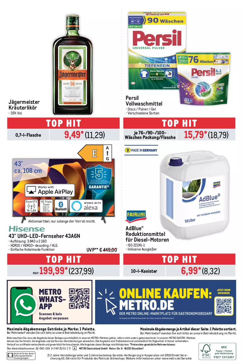 Aktueller Prospekt Metro - Food-Nonfood - von 16.01 bis 29.01.2025 - strona 32 - produkty: abholpreise, adblue, angebot, angebote, auer, Diesel, eis, elle, fernseher, flasche, Germ, getränk, getränke, ilag, jägermeister, kräuter, kräuterlikör, LG, likör, Meister, Metro, metro gastro, Mode, Palette, persil, Rauch, reis, rwe, teller, Ti, uhd, vollwaschmittel, waschmittel