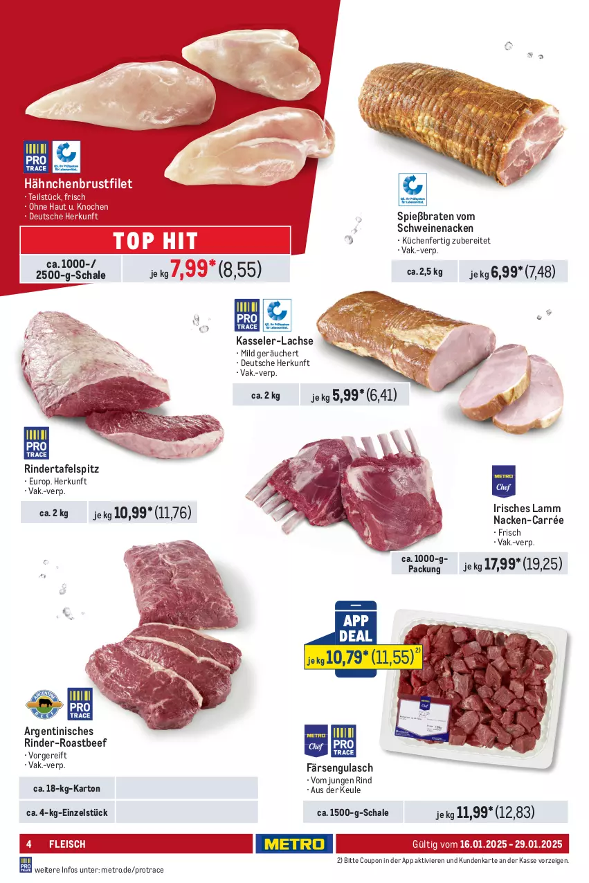 Aktueller Prospekt Metro - Food-Nonfood - von 16.01 bis 29.01.2025 - strona 4 - produkty: beef, braten, brustfilet, coupon, eis, filet, fleisch, gulasch, hähnchenbrust, hähnchenbrustfilet, kasseler, küche, Küchen, lachs, lamm, Metro, rind, rinder, roastbeef, Schal, Schale, schwein, schweine, schweinenacken, tafelspitz, Ti, vom schweinenacken, wein, weine