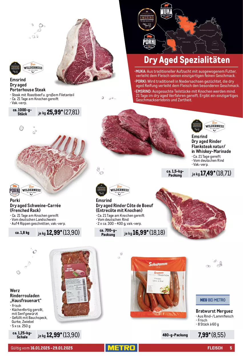 Aktueller Prospekt Metro - Food-Nonfood - von 16.01 bis 29.01.2025 - strona 5 - produkty: Bau, beef, braten, bratwurst, brustfilet, coupon, eis, elle, entrecôte, filet, Flanksteak, fleisch, gewürz, gulasch, gurke, hähnchenbrust, hähnchenbrustfilet, kasseler, küche, Küchen, lachs, lamm, Lammfleisch, marinade, Metro, natur, reis, rind, rinder, Rinderroulade, rinderrouladen, Rippen, roastbeef, rouladen, Schal, Schale, schnitten, schwein, schweine, schweinenacken, senf, Speck, steak, tafelspitz, Ti, vom schweinenacken, wein, weine, whiskey, wurst, zwiebel