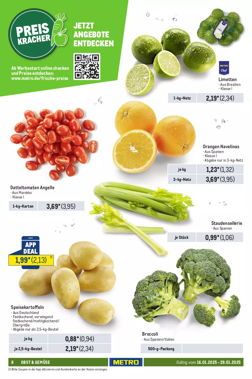 Aktueller Prospekt Metro - Food-Nonfood - von 16.01 bis 29.01.2025 - strona 8 - produkty: angebot, angebote, beutel, broccoli, coupon, datteltomaten, decke, eis, elinas, elle, kartoffel, kartoffeln, limette, limetten, mehl, Metro, Mett, metten, navelina, obst, orange, orangen, reis, speisekartoffeln, stauden, Ti, tomate, tomaten