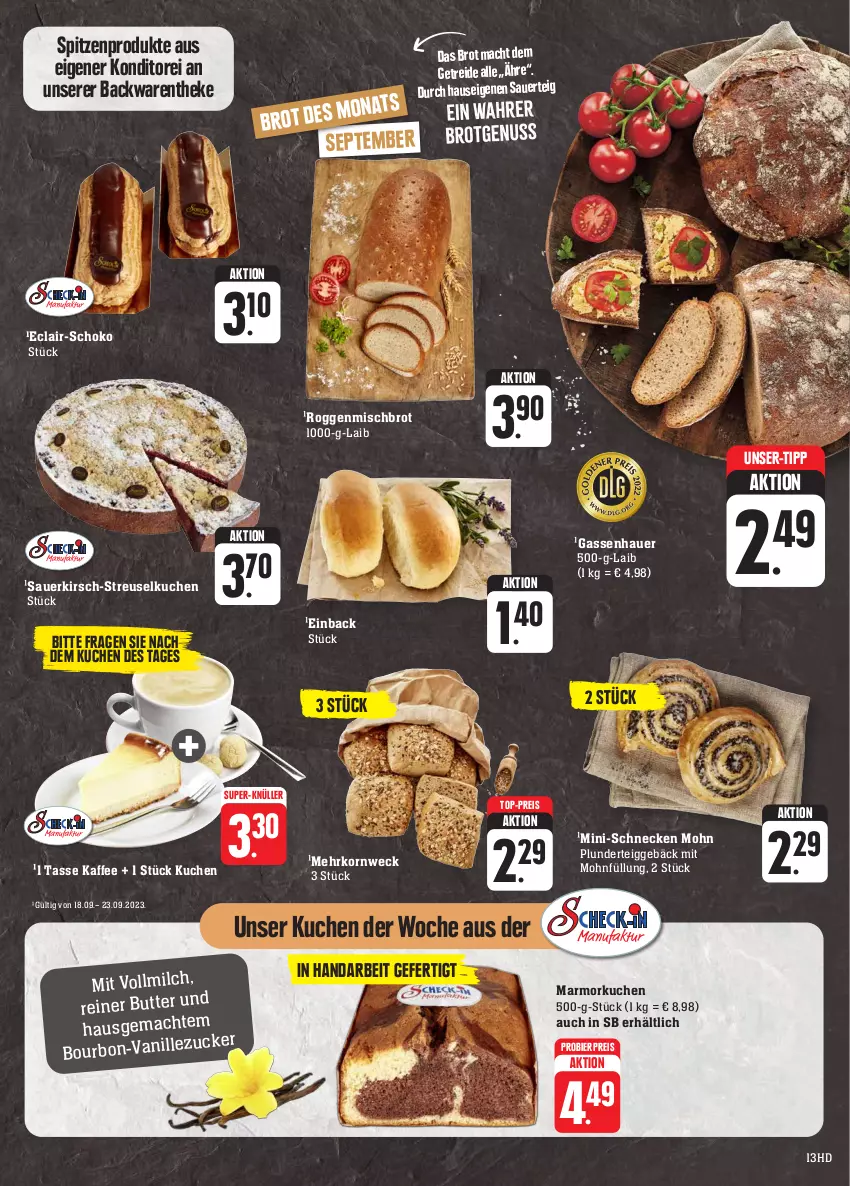 Aktueller Prospekt E Center - Angebote der Woche - von 18.09 bis 23.09.2023 - strona 13 - produkty: auer, backwaren, bier, bourbon, brot, butter, eis, Faktu, kaffee, kirsch, korn, kuchen, mac, Marmorkuchen, milch, Mini-Schnecken, Plunder, reis, schoko, Streuselkuchen, super-knüller, tasse, Ti, top-preis, vanille, vollmilch, weck, zucker