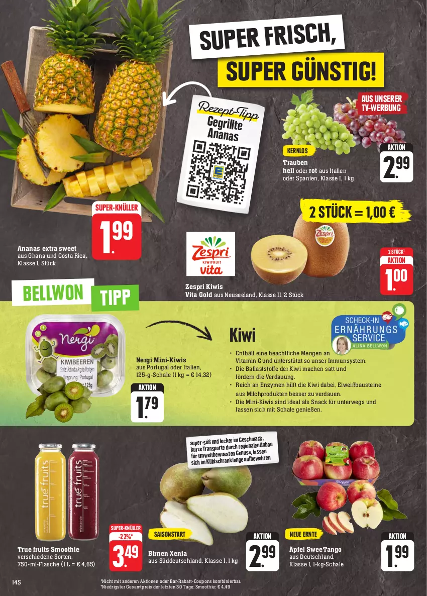 Aktueller Prospekt E Center - Angebote der Woche - von 18.09 bis 23.09.2023 - strona 14 - produkty: ananas, aust, ball, Bau, Birnen, coupon, coupons, eis, Elan, flasche, grill, HP, kiwi, mac, milch, rabatt-coupon, reis, rwe, Schal, Schale, smoothie, snack, super-knüller, Ti, trauben, true fruits, vita, Vitamin C, zespri, ZTE