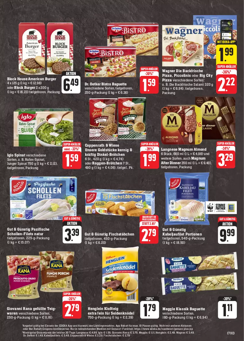 Aktueller Prospekt E Center - Angebote der Woche - von 18.09 bis 23.09.2023 - strona 17 - produkty: angebot, auer, baguette, Bistro Baguette, brötchen, burger, coppenrath, coupon, coupons, deka, Dr. Oetker, eis, filet, filets, fisch, fische, fischstäbchen, giovanni rana, Goldstücke, henglein, iglo, kabeljaufilet, Knödel, langnese, magnum, meggle, natur, nuss, piccolinis, pizza, rabatt-coupon, rahm-spinat, Rana, reis, salami, scholl, spinat, super-knüller, teigwaren, Ti, wagner, ZTE