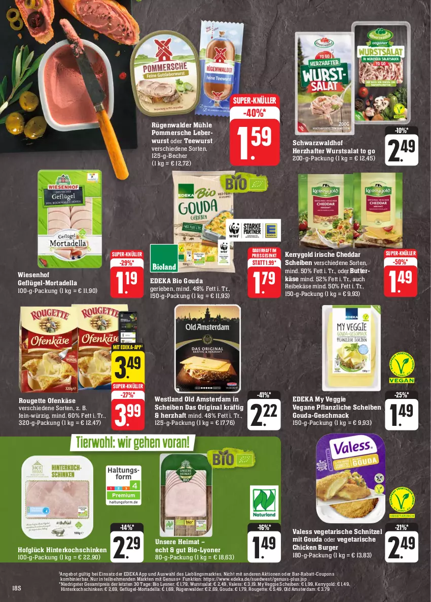 Aktueller Prospekt E Center - Angebote der Woche - von 18.09 bis 23.09.2023 - strona 18 - produkty: angebot, auer, Becher, bio, burger, butter, butterkäse, cheddar, coupon, coupons, deka, dell, edeka bio, eis, Geflügel, gin, gouda, hinterkochschinken, Käse, kerrygold, kochschinken, leberwurst, lyoner, mac, mit gouda, mortadella, nuss, Ofen, Ofenkäse, Old Amsterdam, Pommersche, rabatt-coupon, Reibekäse, reis, rouge, rougette, rügenwalder, rügenwalder mühle, salat, schinken, schnitzel, super-knüller, tee, teewurst, Ti, Vegeta, veggie, wiesenhof, wurst, Yo, ZTE