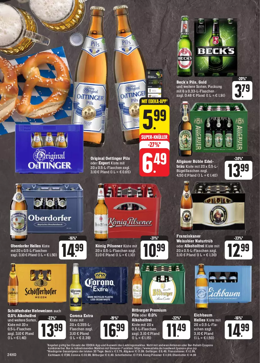 Aktueller Prospekt E Center - Angebote der Woche - von 18.09 bis 23.09.2023 - strona 24 - produkty: alkohol, angebot, Bau, bier, bitburger, bügel, bügelflasche, burger, corona, corona extra, coupon, coupons, deka, eis, elle, flasche, franziskaner, gin, Hefe, hefeweizen, könig pilsener, LG, natur, nuss, oettinger, pils, pilsener, premium pils, rabatt-coupon, reis, schöfferhofer, super-knüller, Ti, weissbier, ZTE