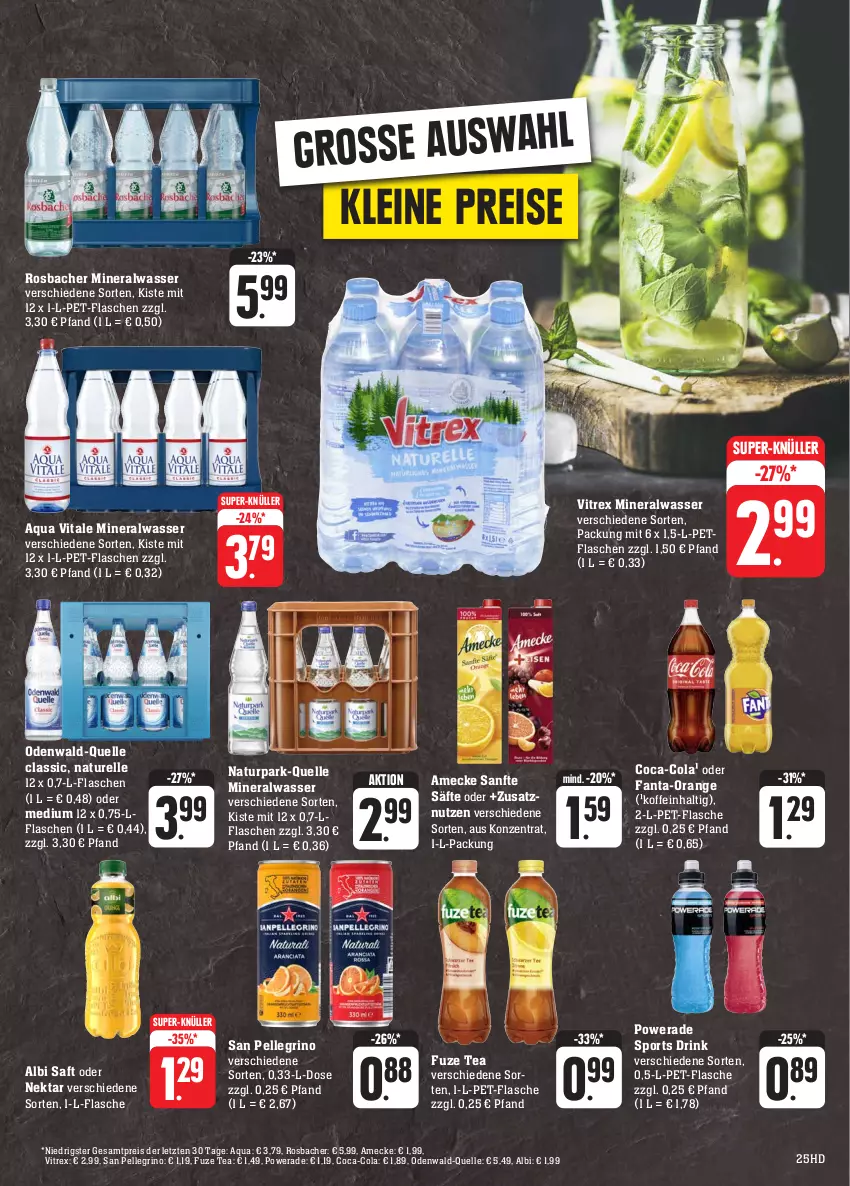 Aktueller Prospekt E Center - Angebote der Woche - von 18.09 bis 23.09.2023 - strona 25 - produkty: Alwa, amecke, aqua, coca-cola, cola, drink, eis, elle, fanta, flasche, fuze tea, leine, mineralwasser, natur, Nektar, odenwald, orange, pet-flasche, pet-flaschen, reis, rel, saft, säfte, san pellegrino, Sport, super-knüller, Ti, vita, vitrex, wasser, ZTE