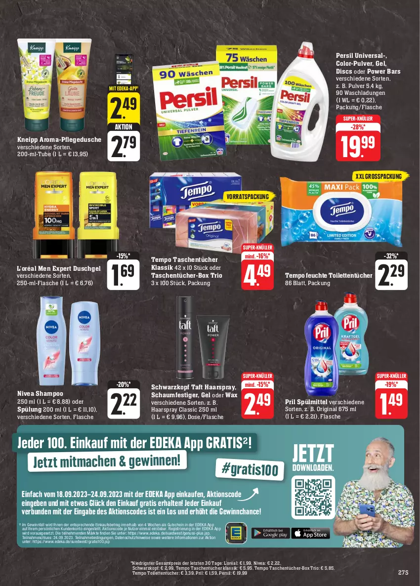 Aktueller Prospekt E Center - Angebote der Woche - von 18.09 bis 23.09.2023 - strona 27 - produkty: deka, dusche, duschgel, eis, flasche, gin, gutschein, haarspray, kneipp, mac, nivea, nuss, persil, pflegedusche, pril, reis, schaumfestiger, schwarzkop, schwarzkopf, shampoo, shampoo 250 ml, spülmittel, spülung, spülung 200 ml, super-knüller, Taft, Tasche, taschen, taschentücher, Tempo, Ti, toilettentücher, tücher, ZTE