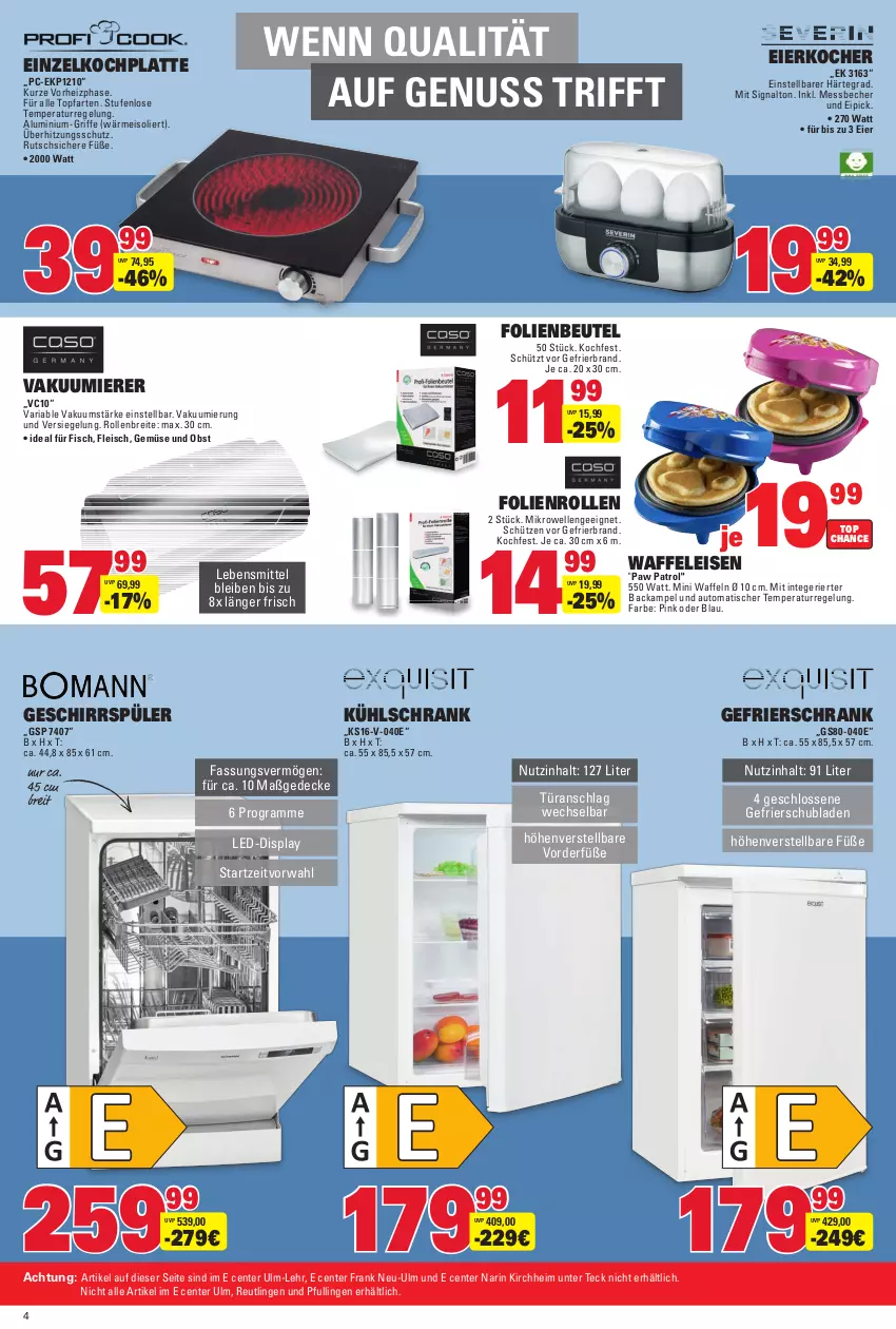 Aktueller Prospekt E Center - Angebote der Woche - von 18.09 bis 23.09.2023 - strona 38 - produkty: auto, Becher, beutel, Brei, decke, eier, Eierkocher, eis, elle, ente, fisch, fleisch, gefrierschrank, geschirr, geschirrspüler, HP, Kocher, kühlschrank, latte, lebensmittel, Messbecher, mikrowelle, nuss, obst, Paw Patrol, Ria, Schrank, schubladen, Schütze, Signal, Ti, tisch, topf, türanschlag wechselbar, überhitzungsschutz, Vakuumierer, Waffeleisen, waffeln