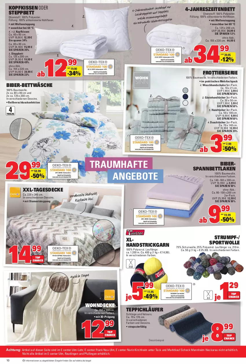 Aktueller Prospekt E Center - Angebote der Woche - von 18.09 bis 23.09.2023 - strona 44 - produkty: angebot, angebote, Bau, baumwolle, bett, bettwäsche, decke, deka, eis, elle, ente, handschuhe, handtücher, hohenstein, HP, kissen, kopfkissen, Läufer, rum, schuhe, spannbettlaken, Sport, steppbett, Strickgarn, tagesdecke, teppich, Ti, tisch, tücher, waschhandschuh, wolle