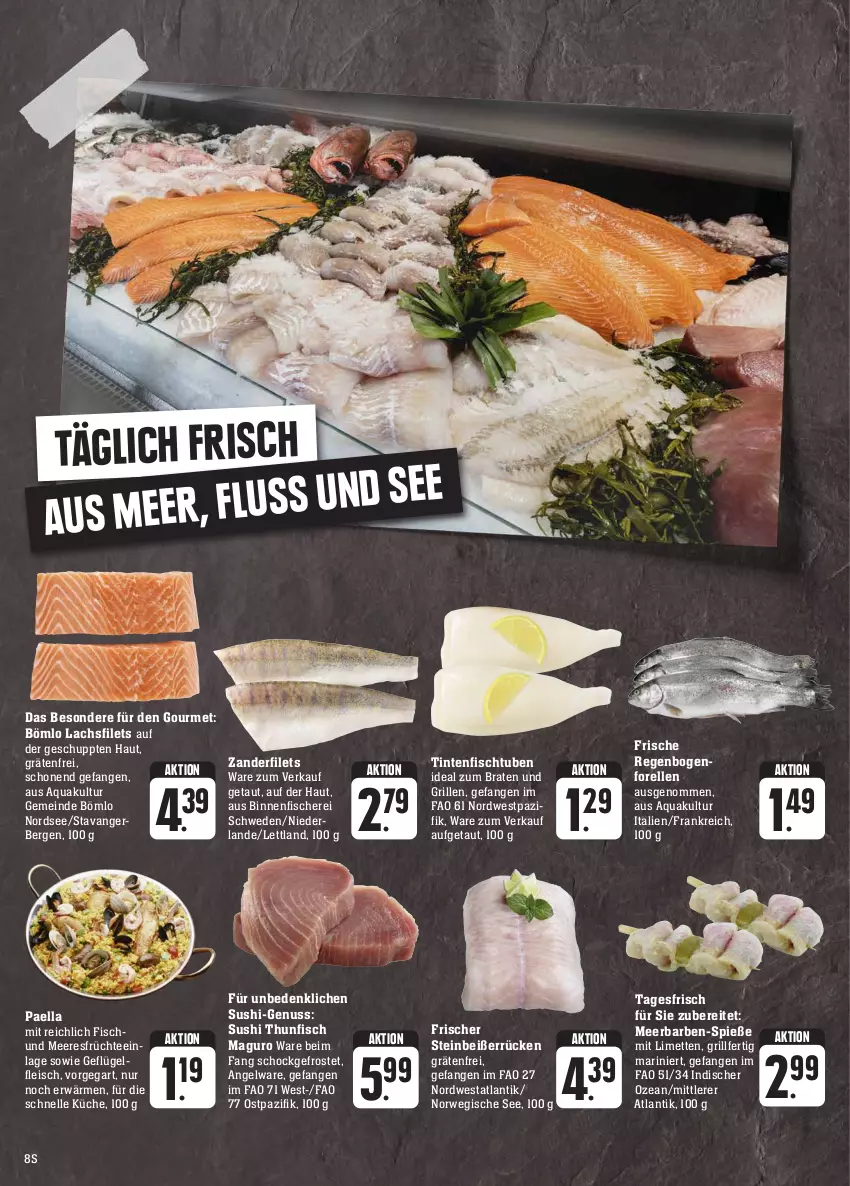 Aktueller Prospekt E Center - Angebote der Woche - von 18.09 bis 23.09.2023 - strona 8 - produkty: aqua, braten, eis, elle, filet, filets, fisch, fische, Fischer, fleisch, forelle, früchte, Geflügel, Gerber, grill, ideal zum braten, küche, lachs, lachsfilet, lachsfilets, limette, limetten, meeresfrüchte, Mett, metten, Nordsee, nuss, paella, rel, rwe, Schere, Steinbeißer, Sushi, tee, thunfisch, Ti, Zander, Zanderfilets