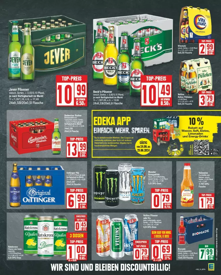 Aktueller Prospekt Edeka - Prospekte - von 24.06 bis 29.06.2024 - strona 13 - produkty: beck's, deka, eis, flasche, pils, pilsener, radler, reis, Ti, top-preis