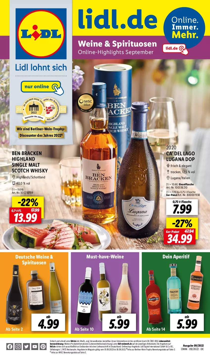 Aktueller Prospekt Lidl - Beste Weine für jeden Anlass - von 01.09 bis 30.09.2022 - strona 1 - produkty: angebot, angebote, aperitif, berliner, bio, discount, flasche, lebensmittel, magazin, ndk, schott, scotch, scotch whisky, single malt, spirituosen, Ti, wein, weine, whisky