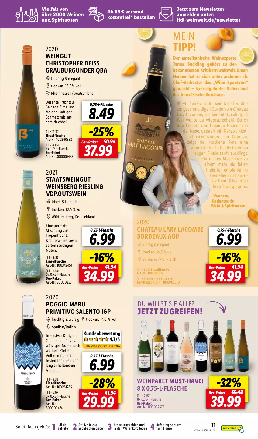 Aktueller Prospekt Lidl - Beste Weine für jeden Anlass - von 01.09 bis 30.09.2022 - strona 11 - produkty: burgunder, cuvée, eis, elle, ente, flasche, frucht, früchte, gewürz, grauburgunder, kakao, Käse, korb, kräuter, LG, mac, melone, ndk, Nuance, pfeffer, primitivo, Rauch, reifen, reis, riesling, saft, Spezi, spirituosen, Ti, tisch, versandkostenfrei, wein, weine