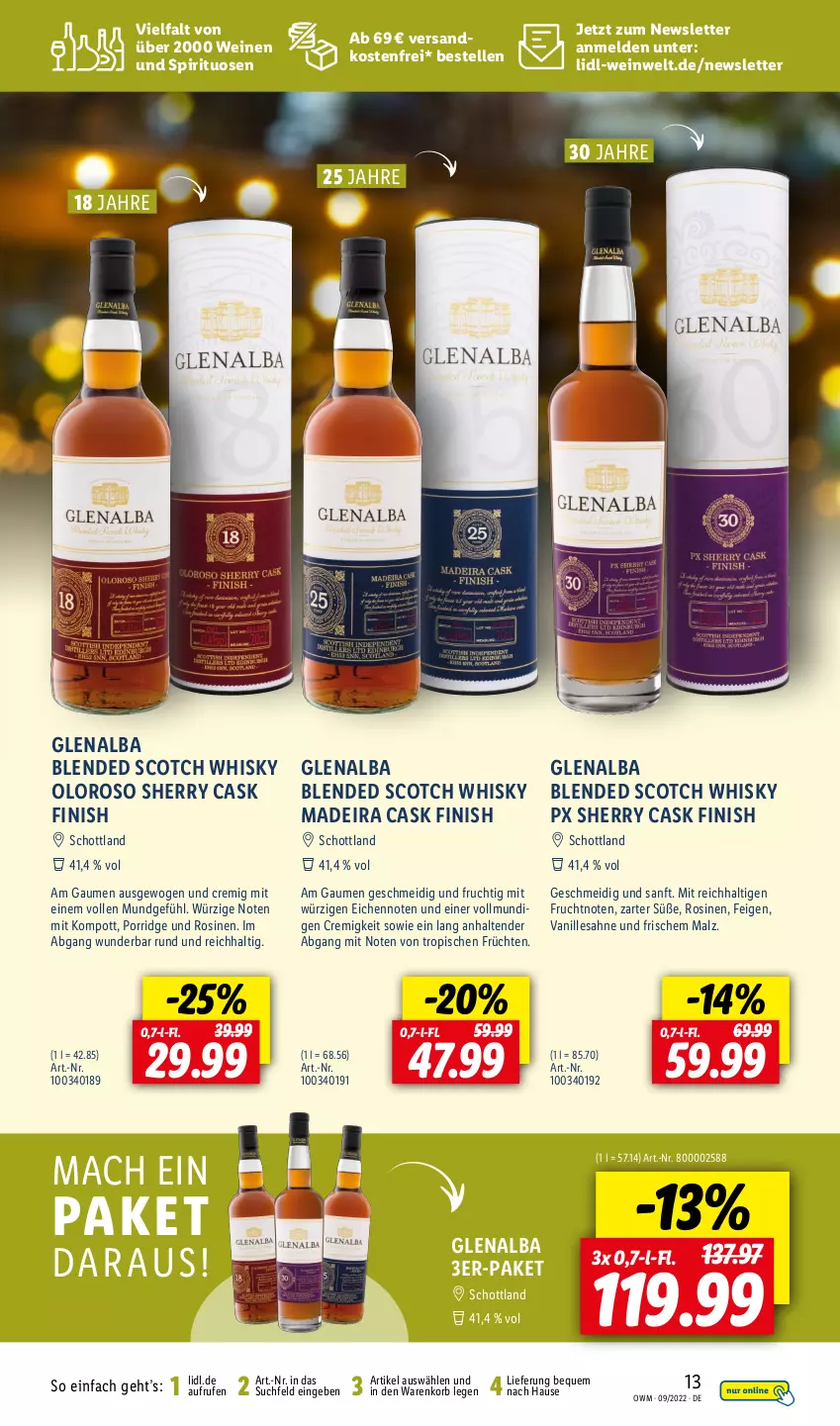 Aktueller Prospekt Lidl - Beste Weine für jeden Anlass - von 01.09 bis 30.09.2022 - strona 13 - produkty: blended scotch, blended scotch whisky, elle, Feigen, Finish, frucht, früchte, früchten, korb, mac, malz, ndk, porridge, sahne, schott, scotch, scotch whisky, spirituosen, tender, Ti, vanille, versandkostenfrei, wein, weine, whisky