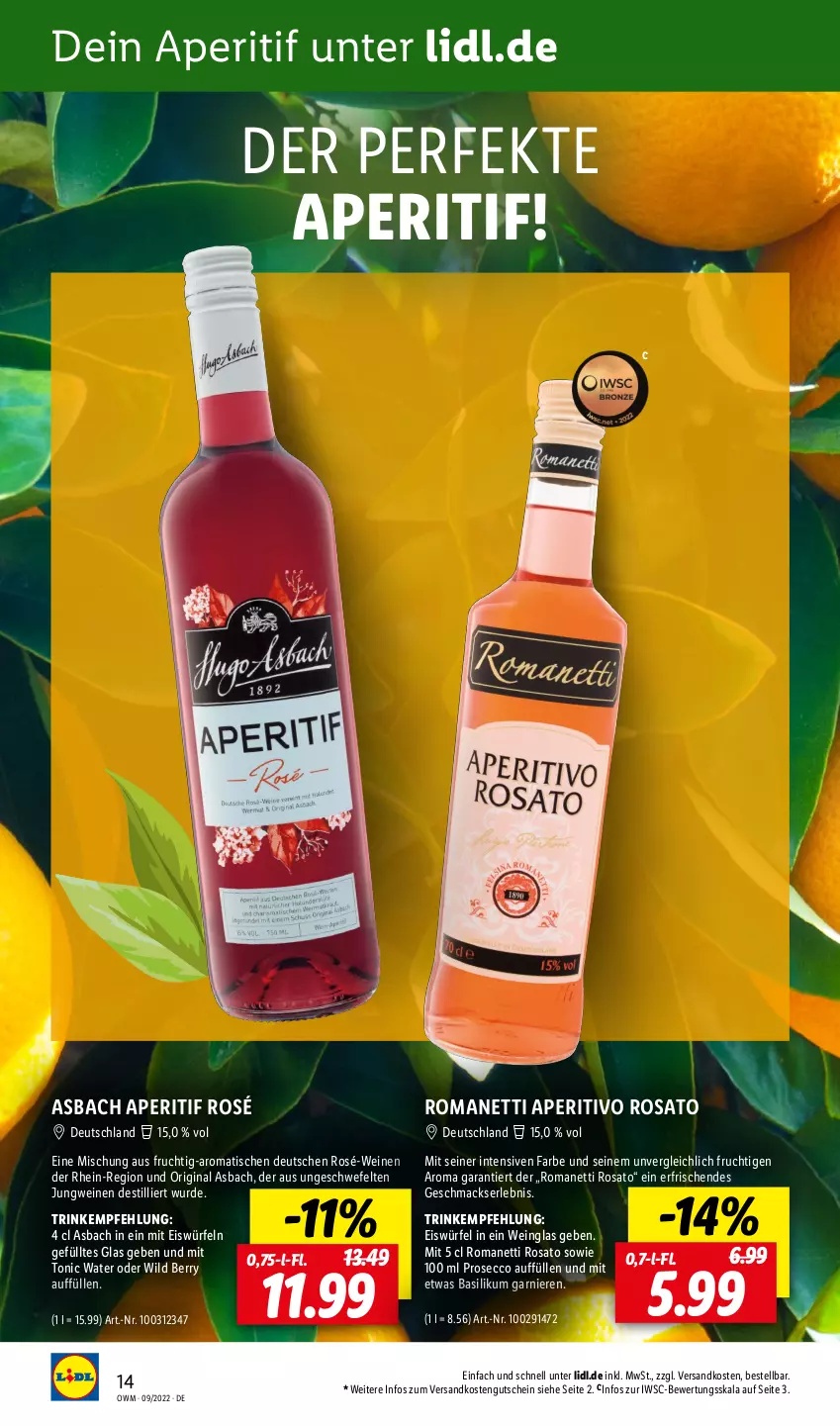 Aktueller Prospekt Lidl - Beste Weine für jeden Anlass - von 01.09 bis 30.09.2022 - strona 14 - produkty: aperitif, aperitivo rosato, basilikum, ecco, eis, eiswürfel, frucht, garnier, gin, gutschein, mac, ndk, prosecco, rosato, Ti, tisch, tonic, tonic water, wein, weine, Wild, wild berry, würfel