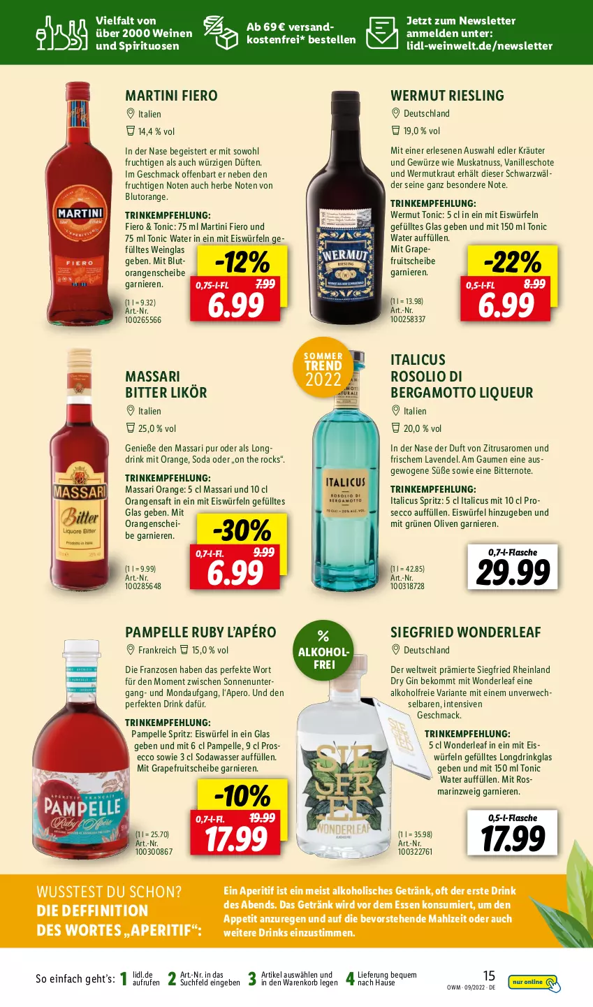 Aktueller Prospekt Lidl - Beste Weine für jeden Anlass - von 01.09 bis 30.09.2022 - strona 15 - produkty: alkohol, aperitif, beko, Blutorange, drink, drinks, dry gin, ecco, eis, eiswürfel, elle, flasche, frucht, garnier, getränk, gewürz, gin, grapefruit, Italicus, korb, Kraut, kräuter, Kräuter und Gewürze, lavendel, likör, liqueur, mac, martini, Muskatnuss, ndk, nuss, olive, oliven, orange, orangen, orangensaft, prosecco, Ria, riesling, rosmarin, rwe, saft, saro, Soda, spirituosen, Ti, tonic, tonic water, vanille, versandkostenfrei, wasser, wein, weine, würfel