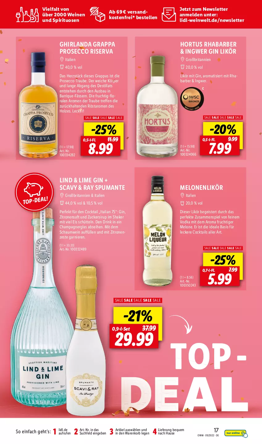 Aktueller Prospekt Lidl - Beste Weine für jeden Anlass - von 01.09 bis 30.09.2022 - strona 17 - produkty: Bau, brita, champagne, champagner, cocktail, cocktails, drink, ecco, eis, elle, frucht, garnier, gin, grappa, Holz, ingwer, korb, likör, melone, melonen, ndk, prosecco, puma, rhabarber, riserva, saft, shake, sirup, spirituosen, spumante, Ti, usb, versandkostenfrei, vodka, wein, weine, zitrone, zitronen, zitronensaft, zucker