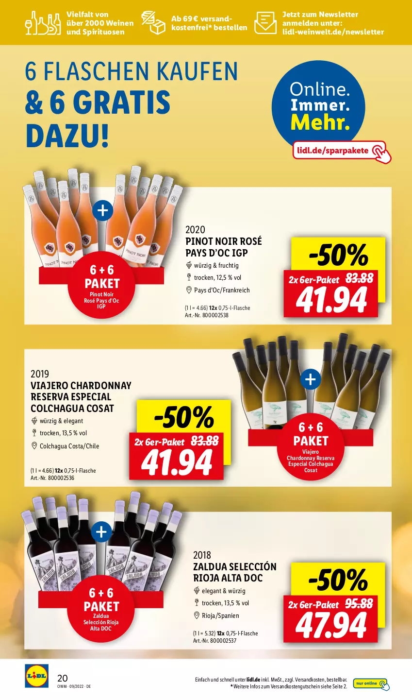 Aktueller Prospekt Lidl - Beste Weine für jeden Anlass - von 01.09 bis 30.09.2022 - strona 20 - produkty: chardonnay, elle, flasche, frucht, gutschein, ndk, Pinot, pinot noir, rioja, spirituosen, Ti, versandkostenfrei, wein, weine