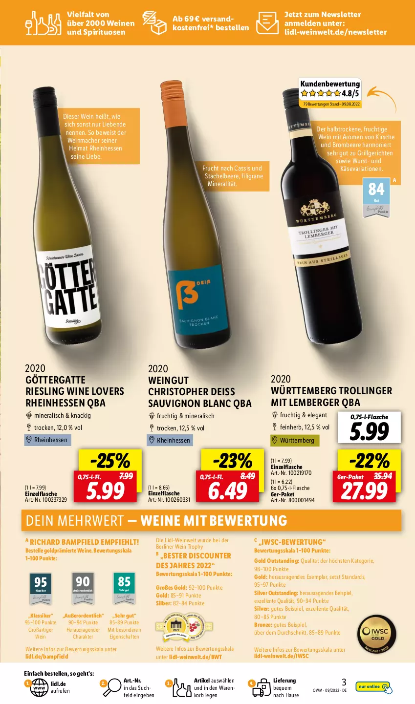 Aktueller Prospekt Lidl - Beste Weine für jeden Anlass - von 01.09 bis 30.09.2022 - strona 3 - produkty: beere, Berger, berliner, brombeere, cassis, discount, eis, elle, ente, flasche, frucht, grill, Käse, kirsch, kirsche, korb, LG, mac, ndk, Ria, riesling, rwe, sauvignon, sauvignon blanc, spirituosen, Ti, trolli, trollinger, versandkostenfrei, wein, weine, wurst