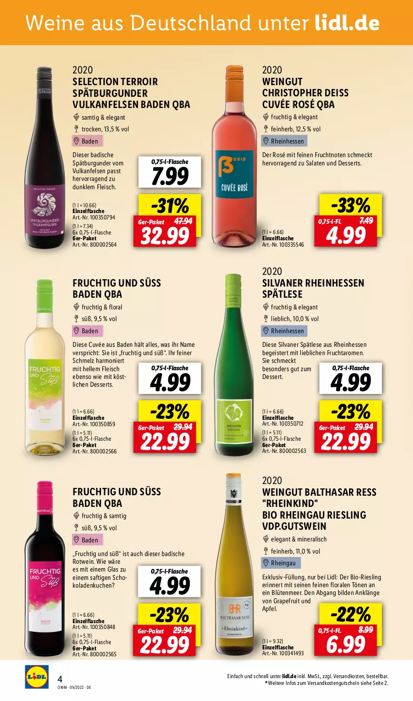 Aktueller Prospekt Lidl - Beste Weine für jeden Anlass - von 01.09 bis 30.09.2022 - strona 4 - produkty: apfel, Bad, bio, Blüte, burgunder, cuvée, dessert, desserts, eis, elle, flasche, fleisch, frucht, grapefruit, gutschein, kuchen, ndk, riesling, rotwein, saft, salat, salate, schoko, schokolade, schokoladen, silvaner, spätburgunder, Ti, wein, weine