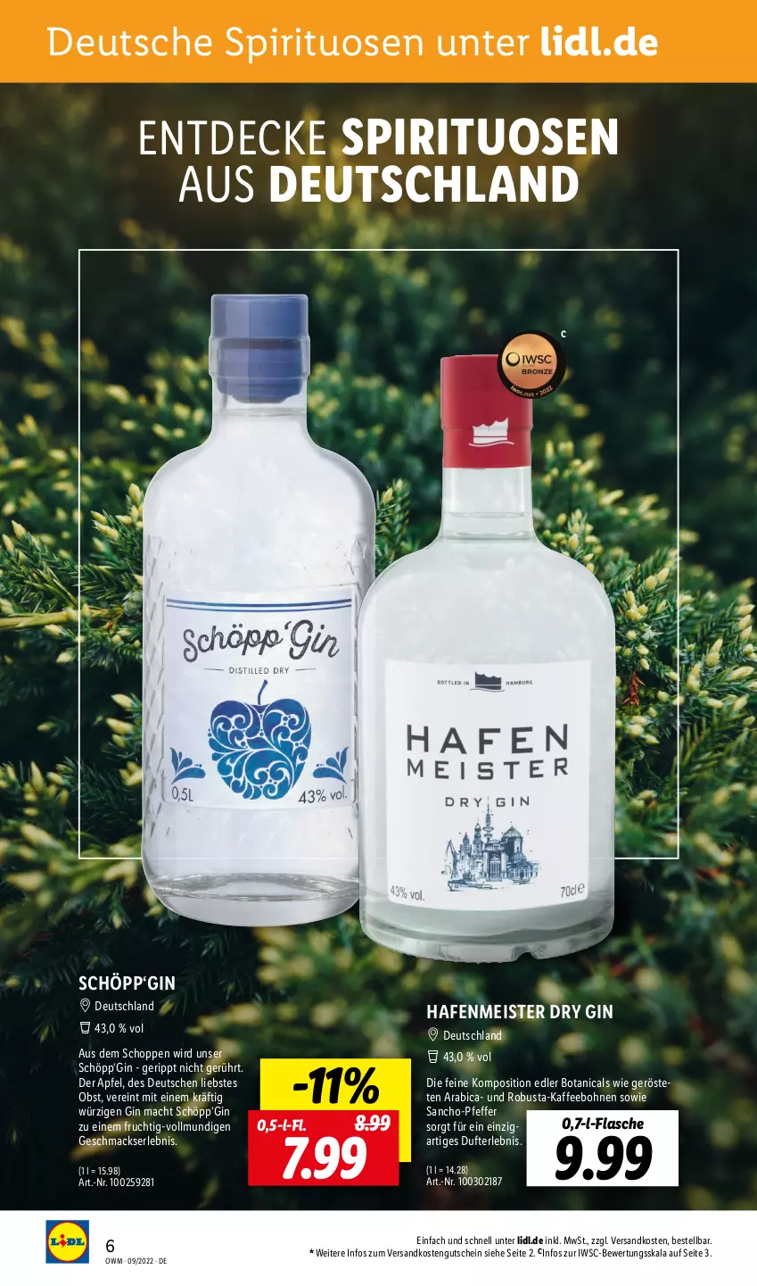 Aktueller Prospekt Lidl - Beste Weine für jeden Anlass - von 01.09 bis 30.09.2022 - strona 6 - produkty: apfel, bohne, bohnen, decke, dry gin, eis, flasche, frucht, gin, gutschein, kaffee, kaffeebohnen, mac, Meister, ndk, obst, pfeffer, spirituosen, Ti