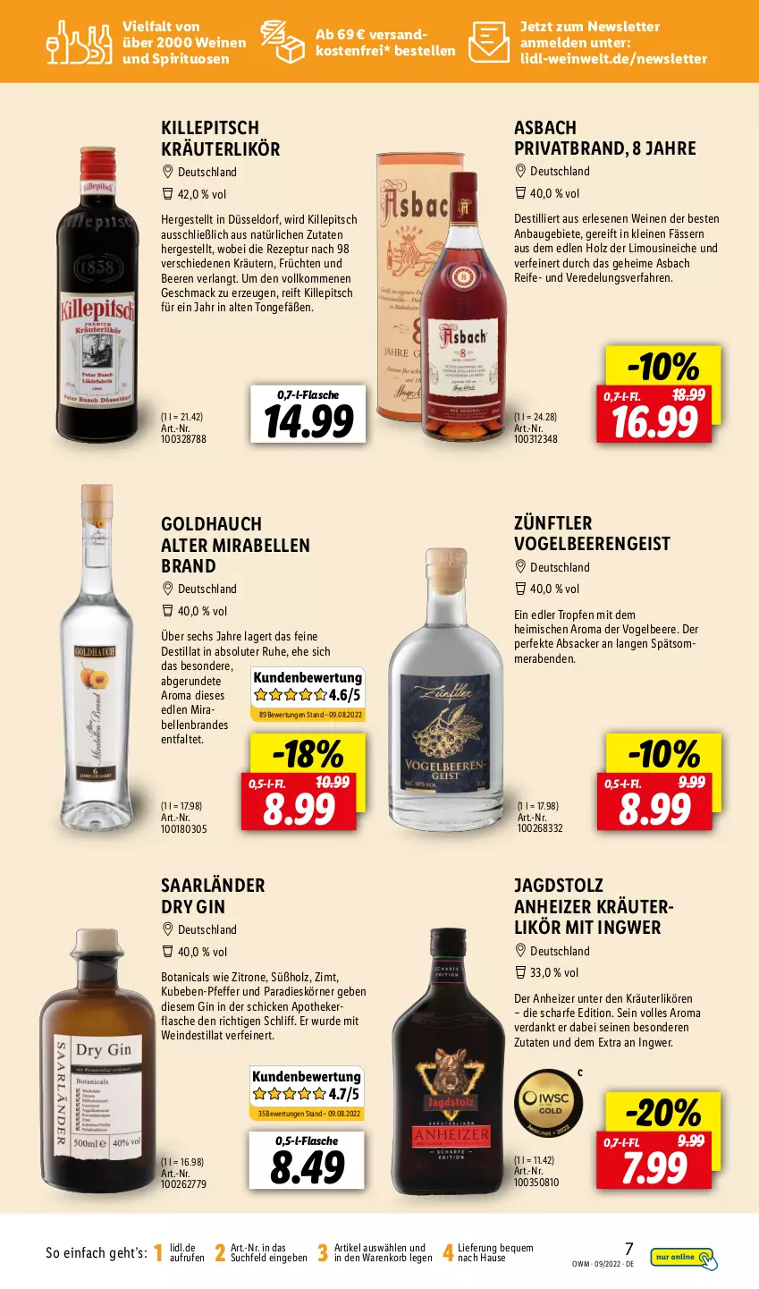 Aktueller Prospekt Lidl - Beste Weine für jeden Anlass - von 01.09 bis 30.09.2022 - strona 7 - produkty: Apotheke, Bau, Bebe, beere, beeren, dry gin, eis, elle, flasche, früchte, früchten, gin, Holz, ingwer, korb, kräuter, kräuterlikör, kräutern, leine, likör, limo, mac, ndk, pfeffer, rezept, sac, spirituosen, Ti, versandkostenfrei, wein, weine, zitrone