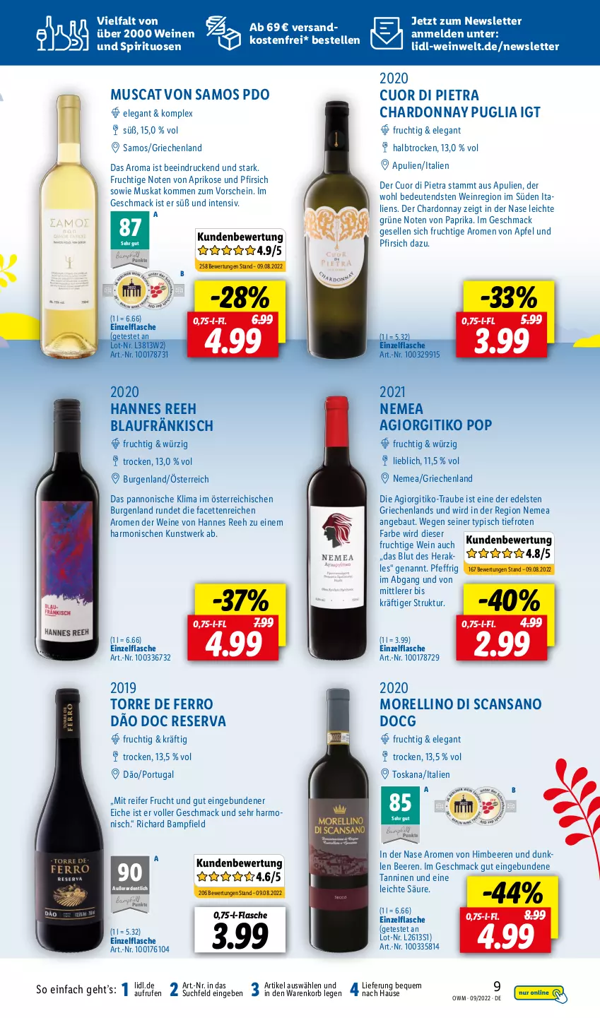 Aktueller Prospekt Lidl - Beste Weine für jeden Anlass - von 01.09 bis 30.09.2022 - strona 9 - produkty: apfel, aprikose, Bau, beere, beeren, chardonnay, elle, flasche, frucht, himbeer, himbeere, himbeeren, korb, mac, Morelli, muscat, ndk, paprika, pfirsich, rel, spirituosen, Ti, versandkostenfrei, wein, weine