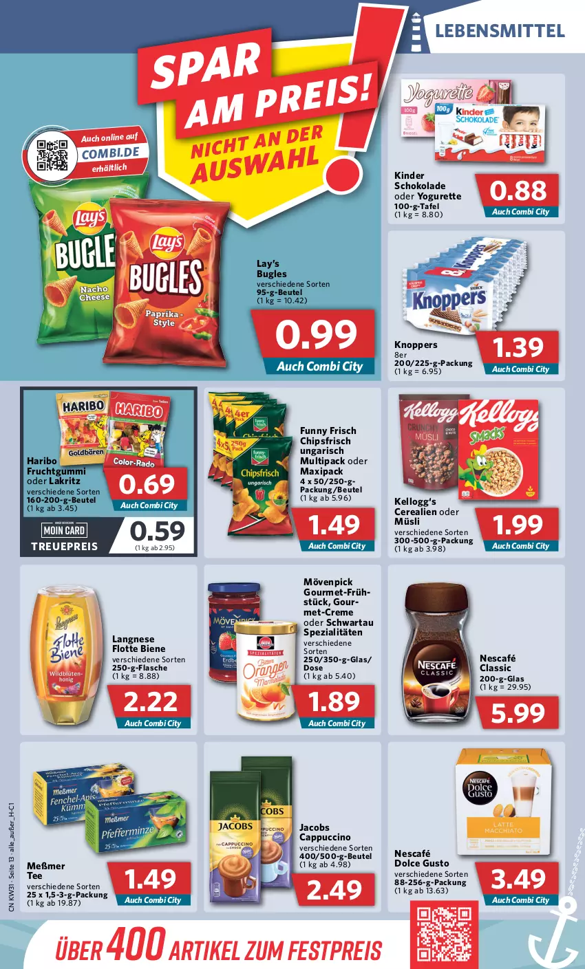 Aktueller Prospekt Combi - Prospekte - von 01.08 bis 06.08.2022 - strona 13 - produkty: beutel, bugles, Cap, cappuccino, cerealien, cerealien oder müsli, chips, chipsfrisch, cin, creme, dolce gusto, eis, flasche, frucht, fruchtgummi, Funny Frisch, haribo, jacobs, Kellogg‘s, Kinder, kinder schokolade, knoppers, Lakritz, langnese, lebensmittel, Meßmer, mövenpick, müsli, Nescafé, oder lakritz, oder yogurette, reis, schoko, schokolade, Schwartau, Spezi, tee, Ti, Yo, yogurette