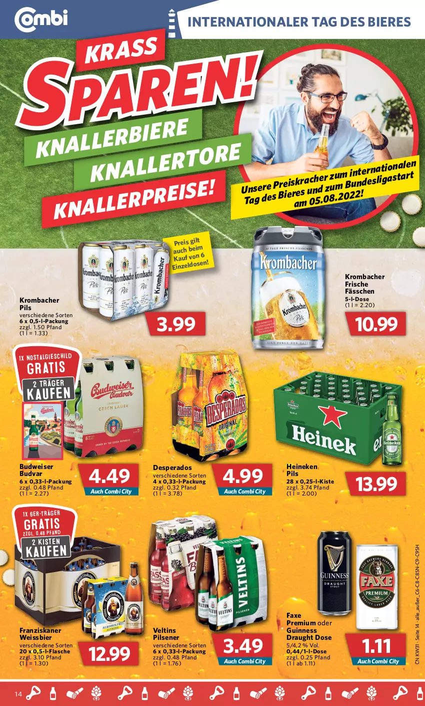 Aktueller Prospekt Combi - Prospekte - von 01.08 bis 06.08.2022 - strona 14 - produkty: axe, bier, Biere, budweiser, desperados, eis, flasche, franziskaner, Guinness, heineken, krombache, krombacher, krombacher pils, pils, pilsener, reis, Ti, veltins, veltins pilsener, weissbier